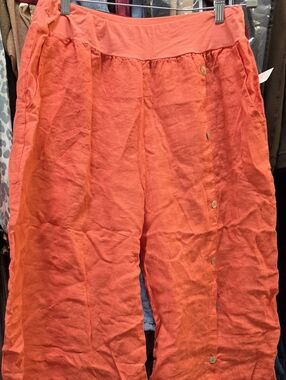 Coral Wide Leg Linen Pants With Buttons On Side.